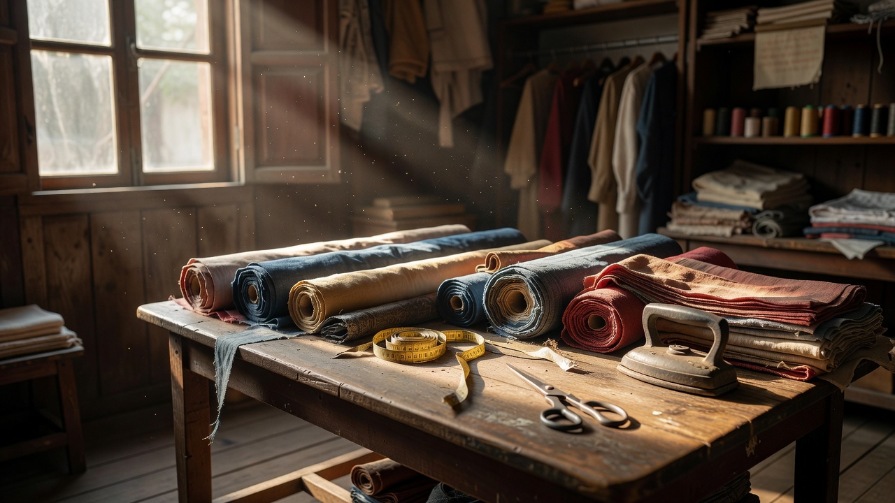 老旧裁缝铺内景，木桌上摊开布料与软尺，午后光线从窗边斜入
